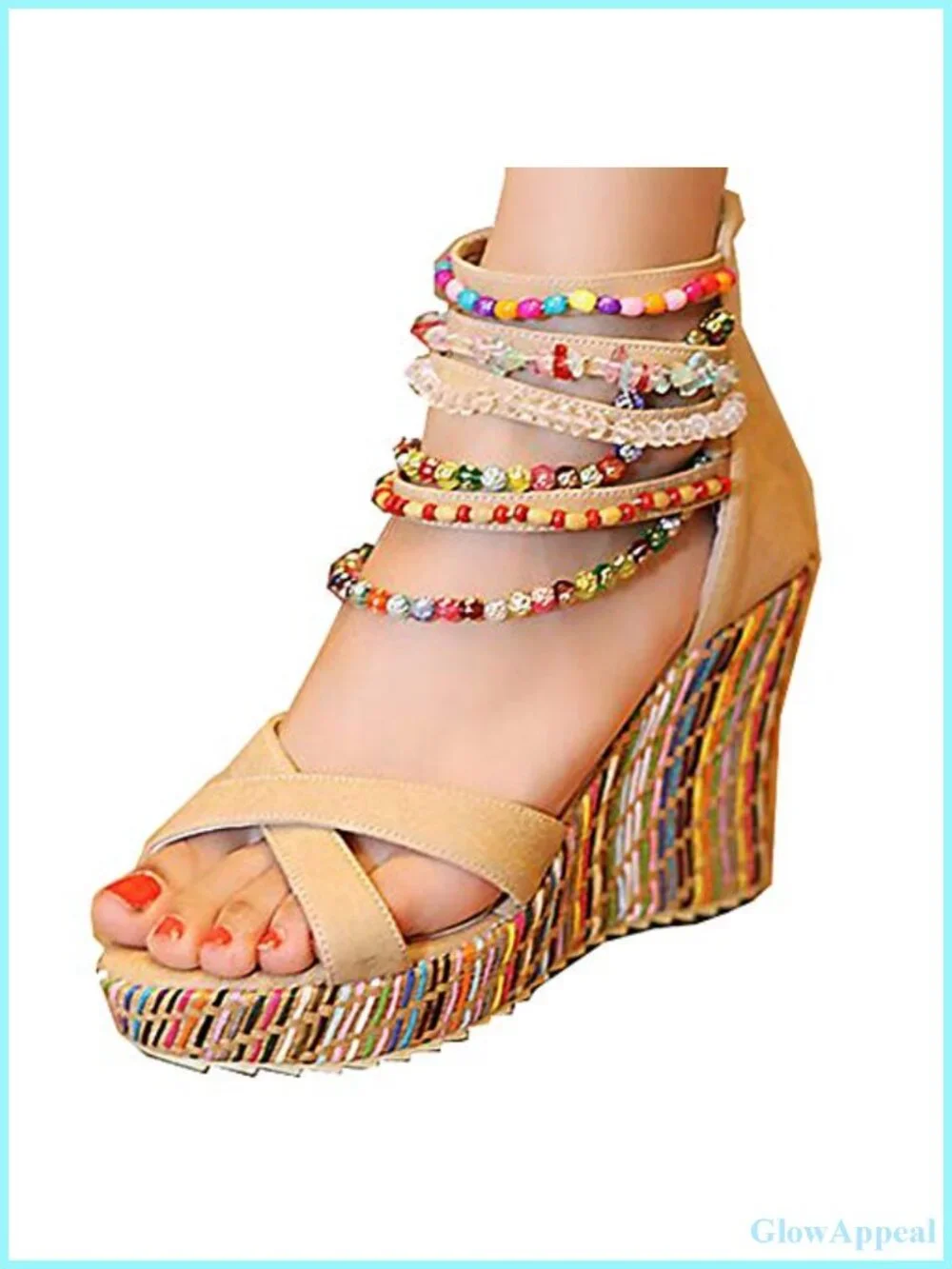 Women's Wedge Platform Sandals 4in Heel Lace Rhinestone Tassel Ankle Strap